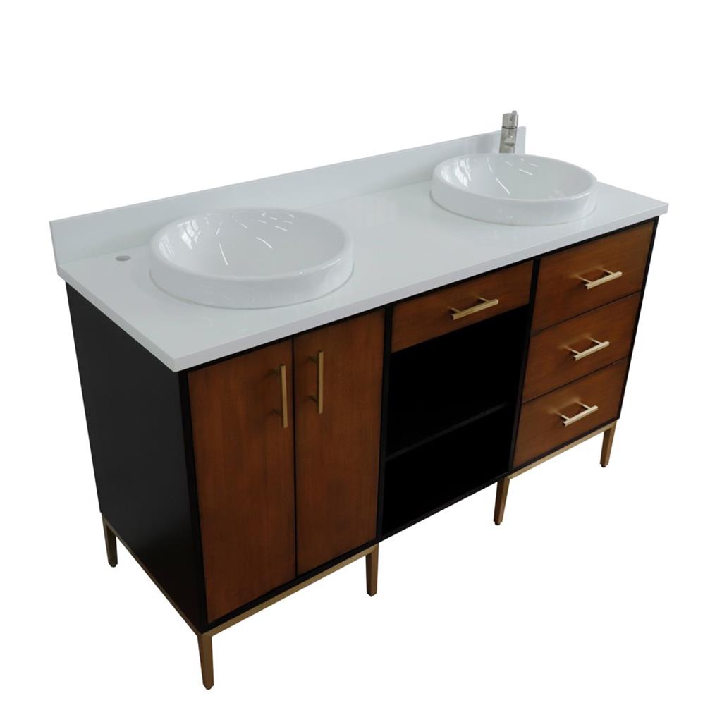 Bellaterra Imola 61" Double Vanity, Walnut And Black, White Quartz Top/Round Sink