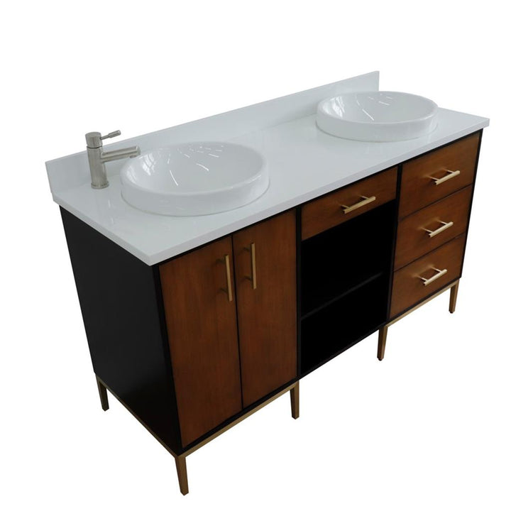 Bellaterra Imola 61" Double Vanity, Walnut And Black, White Quartz Top/Round Sink