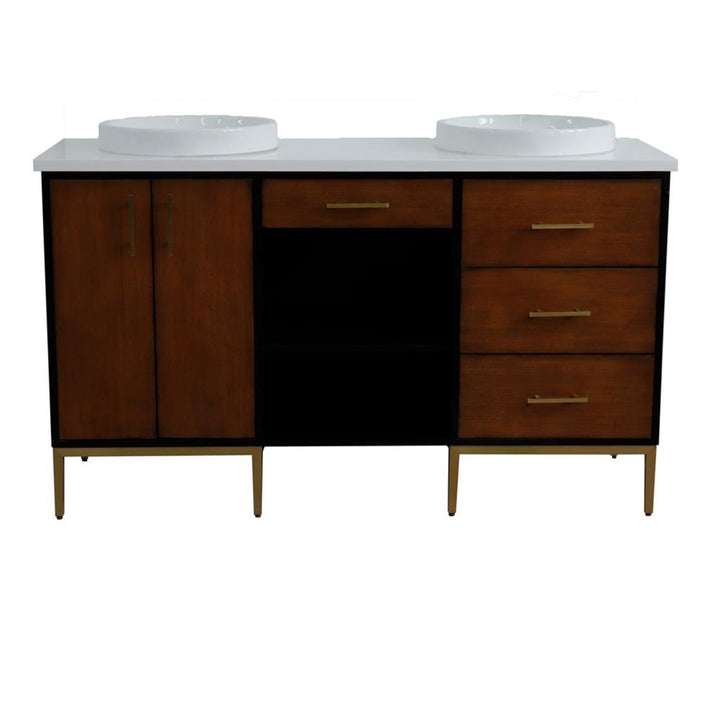 Bellaterra Imola 61" Double Vanity, Walnut And Black, White Quartz Top/Round Sink