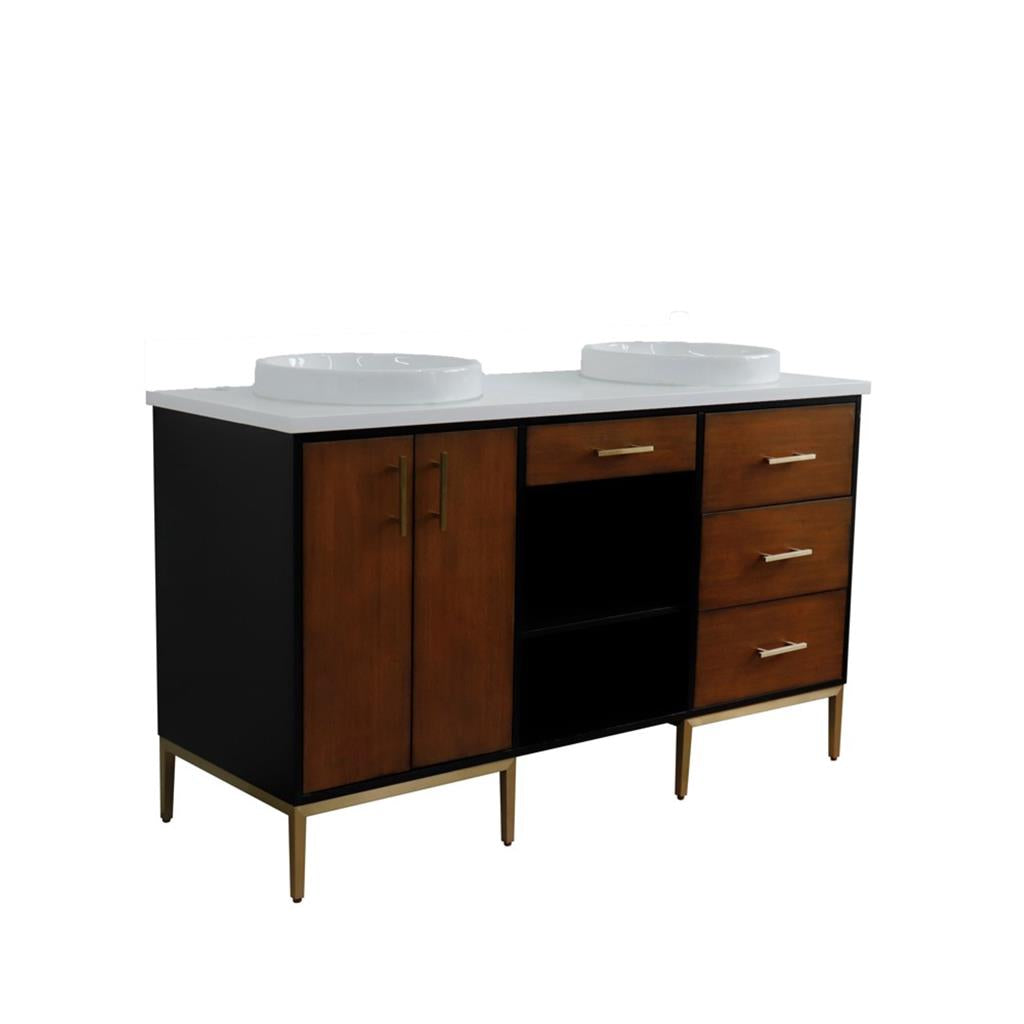 Bellaterra Imola 61" Double Vanity, Walnut And Black, White Quartz Top/Round Sink