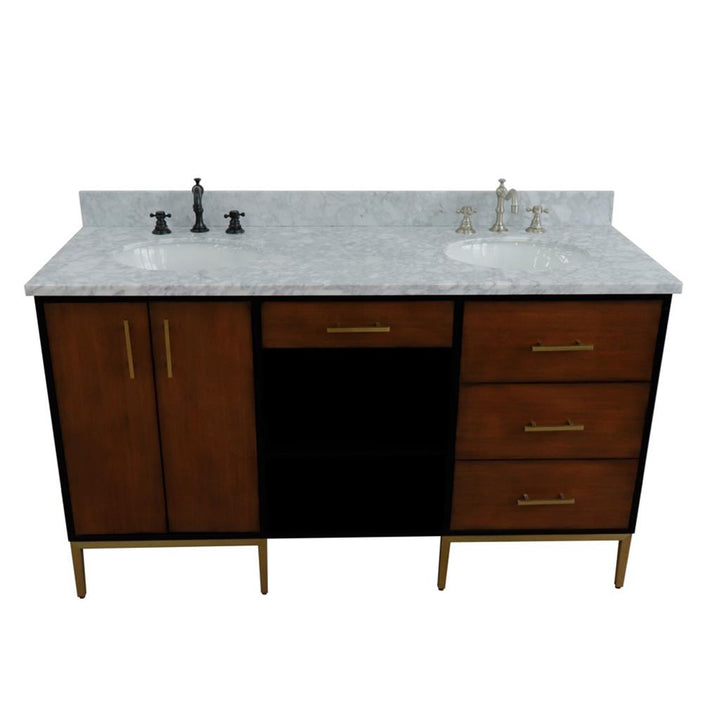 Bellaterra Imola 61" Double Vanity, Walnut And Black, White Carrara Marble Top/Oval Sink