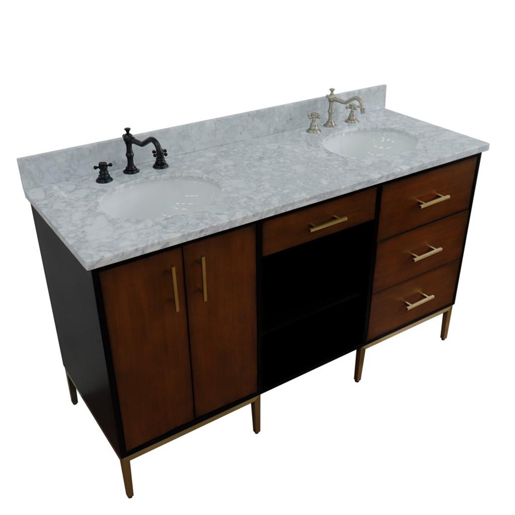 Bellaterra Imola 61" Double Vanity, Walnut And Black, White Carrara Marble Top/Oval Sink