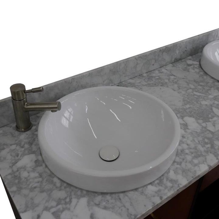 Bellaterra Imola 61" Double Vanity, Walnut And Black, White Carrara Marble Top/Round Sink