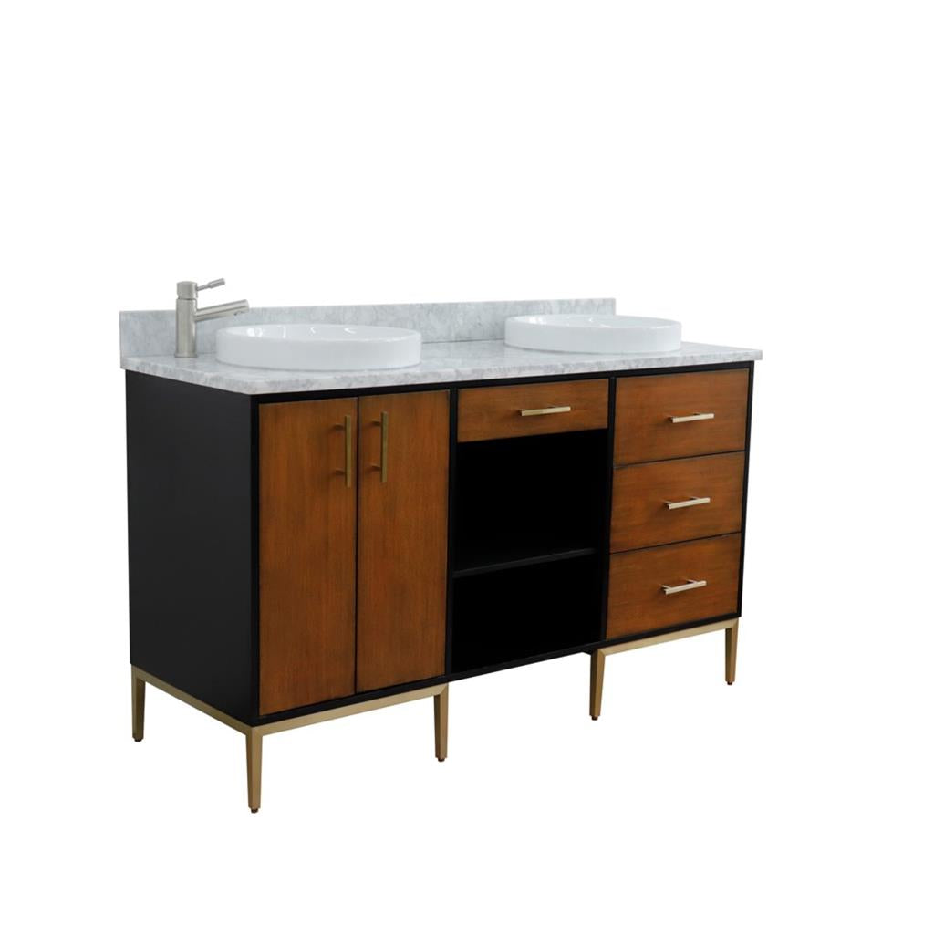 Bellaterra Imola 61" Double Vanity, Walnut And Black, White Carrara Marble Top/Round Sink