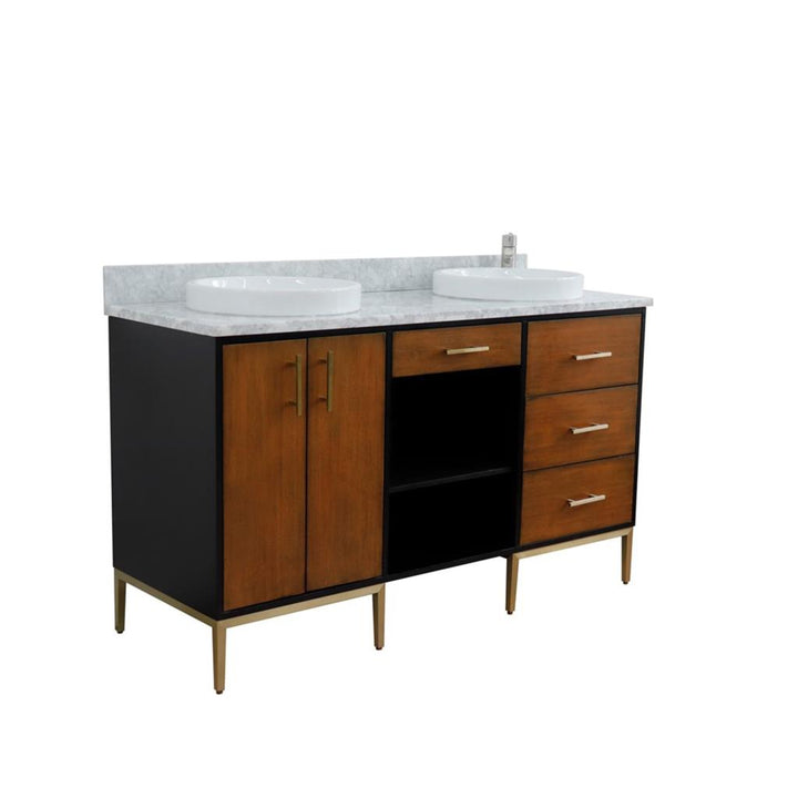 Bellaterra Imola 61" Double Vanity, Walnut And Black, White Carrara Marble Top/Round Sink