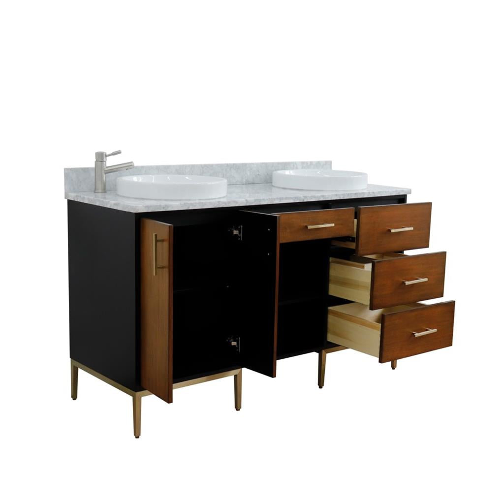 Bellaterra Imola 61" Double Vanity, Walnut And Black, White Carrara Marble Top/Round Sink