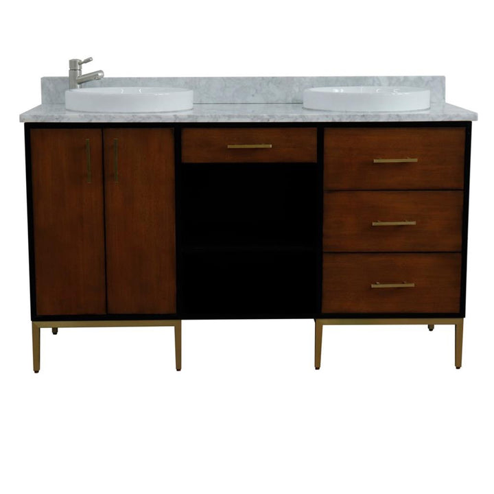 Bellaterra Imola 61" Double Vanity, Walnut And Black, White Carrara Marble Top/Round Sink