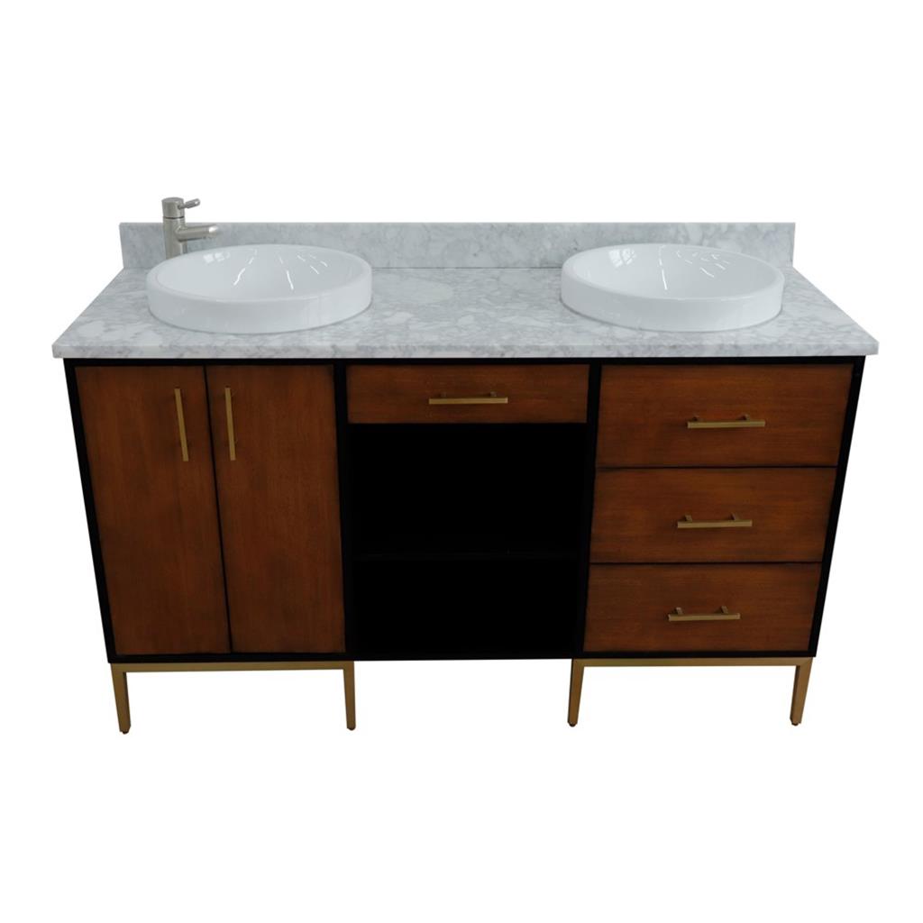 Bellaterra Imola 61" Double Vanity, Walnut And Black, White Carrara Marble Top/Round Sink