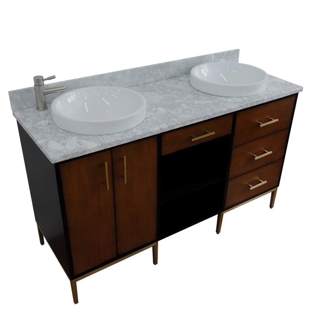 Bellaterra Imola 61" Double Vanity, Walnut And Black, White Carrara Marble Top/Round Sink