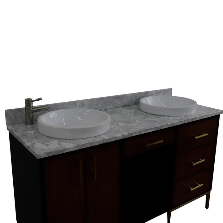 Bellaterra Imola 61" Double Vanity, Walnut And Black, White Carrara Marble Top/Round Sink