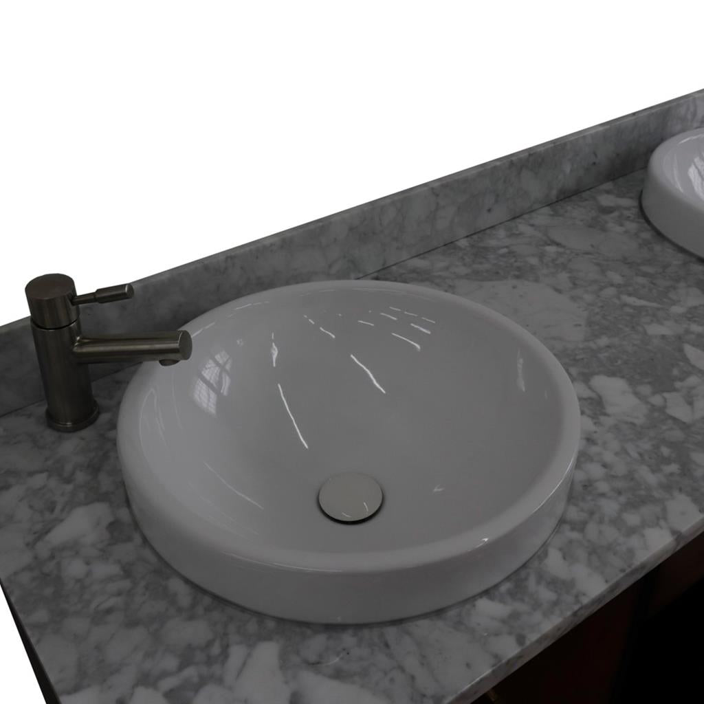 Bellaterra Imola 61" Double Vanity, Walnut And Black, White Carrara Marble Top/Round Sink