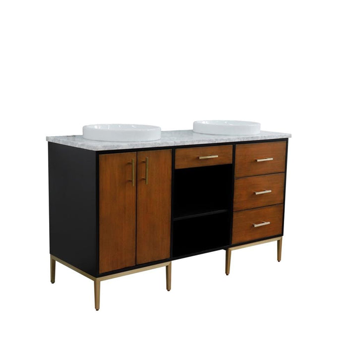 Bellaterra Imola 61" Double Vanity, Walnut And Black, White Carrara Marble Top/Round Sink