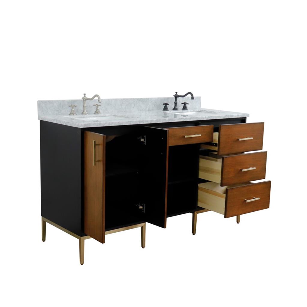 Bellaterra Imola 61" Double Vanity, Walnut And Black, White Carrara Marble Top/Rectangle Sink