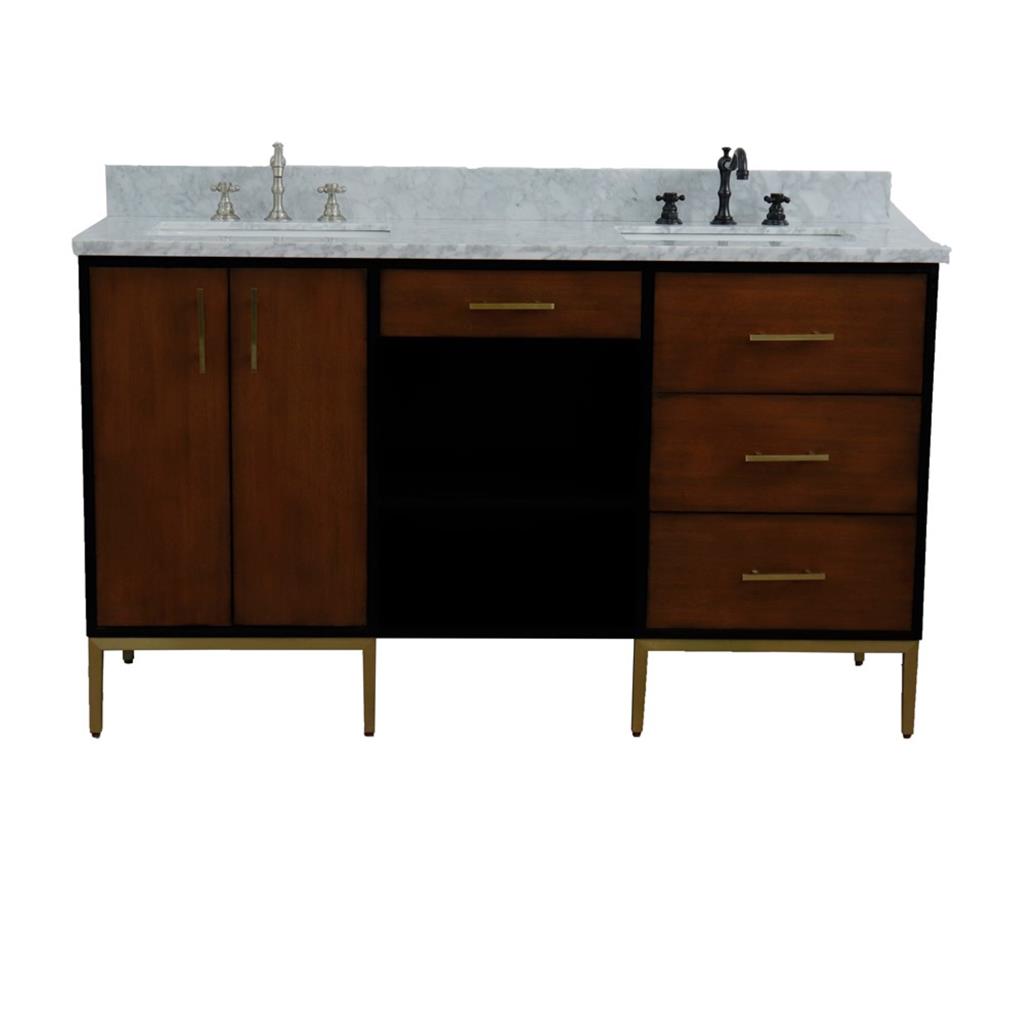 Bellaterra Imola 61" Double Vanity, Walnut And Black, White Carrara Marble Top/Rectangle Sink