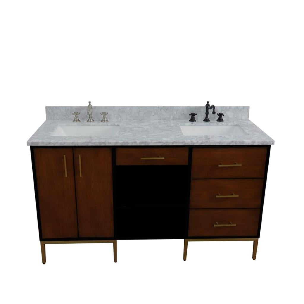 Bellaterra Imola 61" Double Vanity, Walnut And Black, White Carrara Marble Top/Rectangle Sink