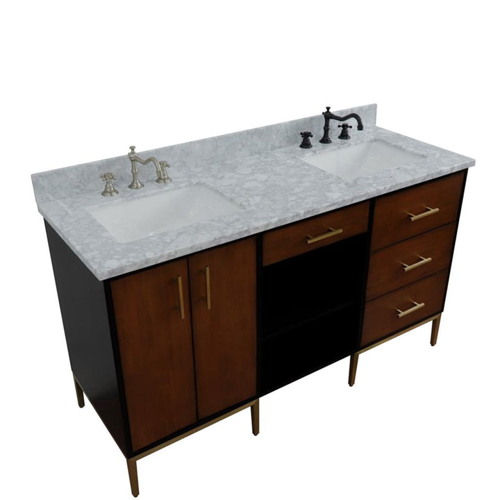 Bellaterra Imola 61" Double Vanity, Walnut And Black, White Carrara Marble Top/Rectangle Sink