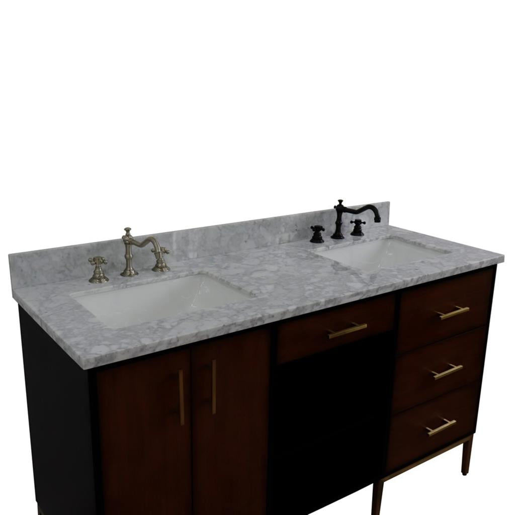 Bellaterra Imola 61" Double Vanity, Walnut And Black, White Carrara Marble Top/Rectangle Sink