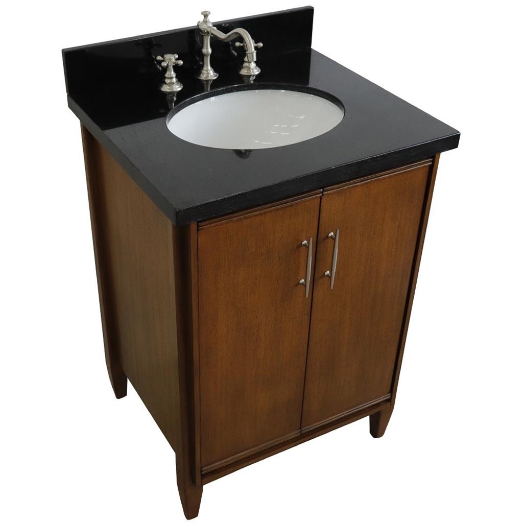 Bellaterra MCM 25" Single Vanity, Walnut, Black Galaxy Granite Top/Oval Sink