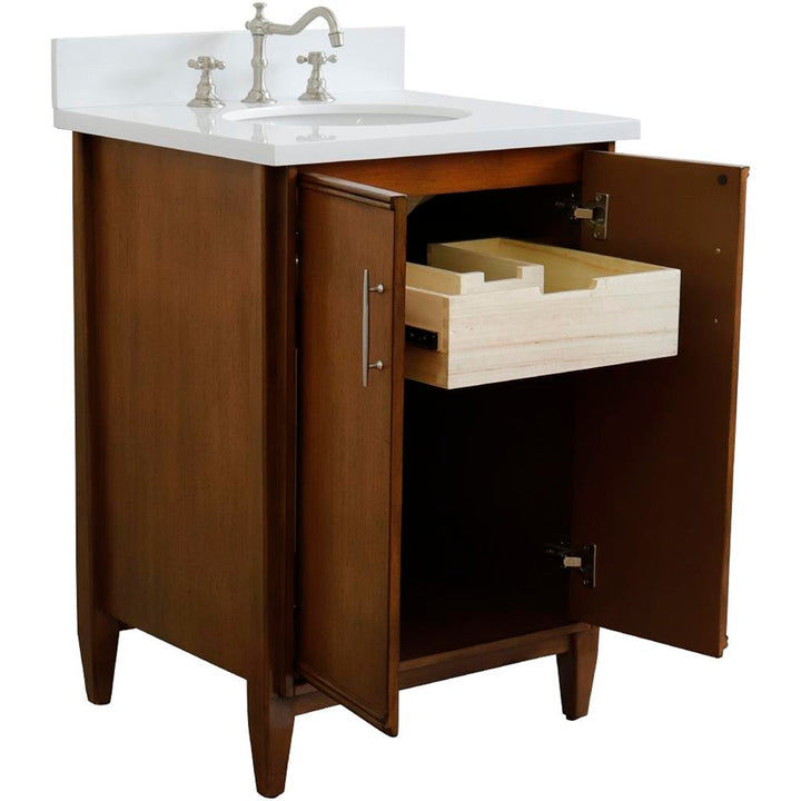 Bellaterra MCM 25" Single Vanity, Walnut, White Quartz Top/Oval Sink