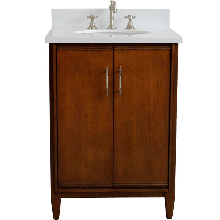 Bellaterra MCM 25" Single Vanity, Walnut, White Quartz Top/Oval Sink