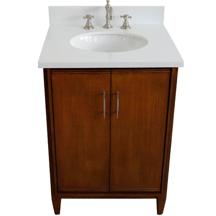 Bellaterra MCM 25" Single Vanity, Walnut, White Quartz Top/Oval Sink