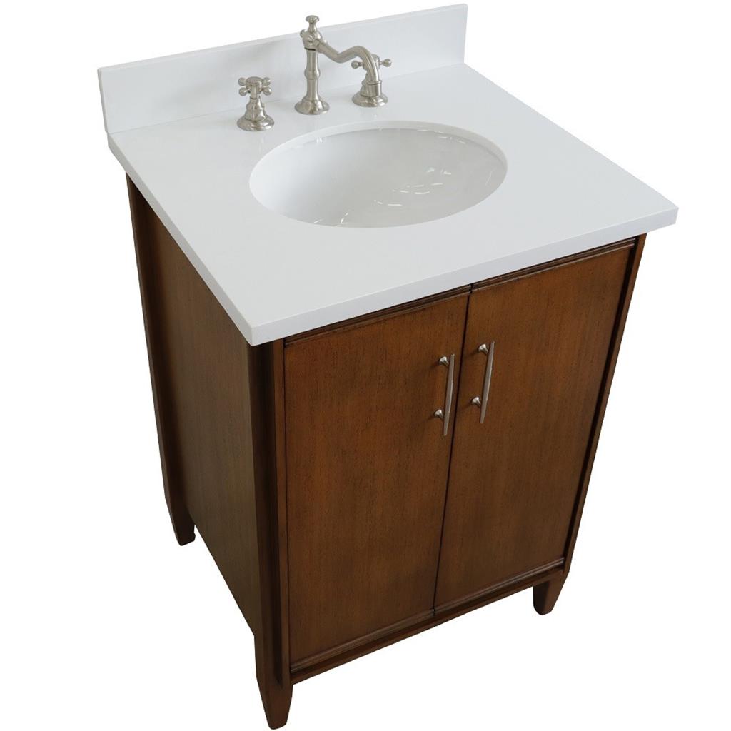 Bellaterra MCM 25" Single Vanity, Walnut, White Quartz Top/Oval Sink