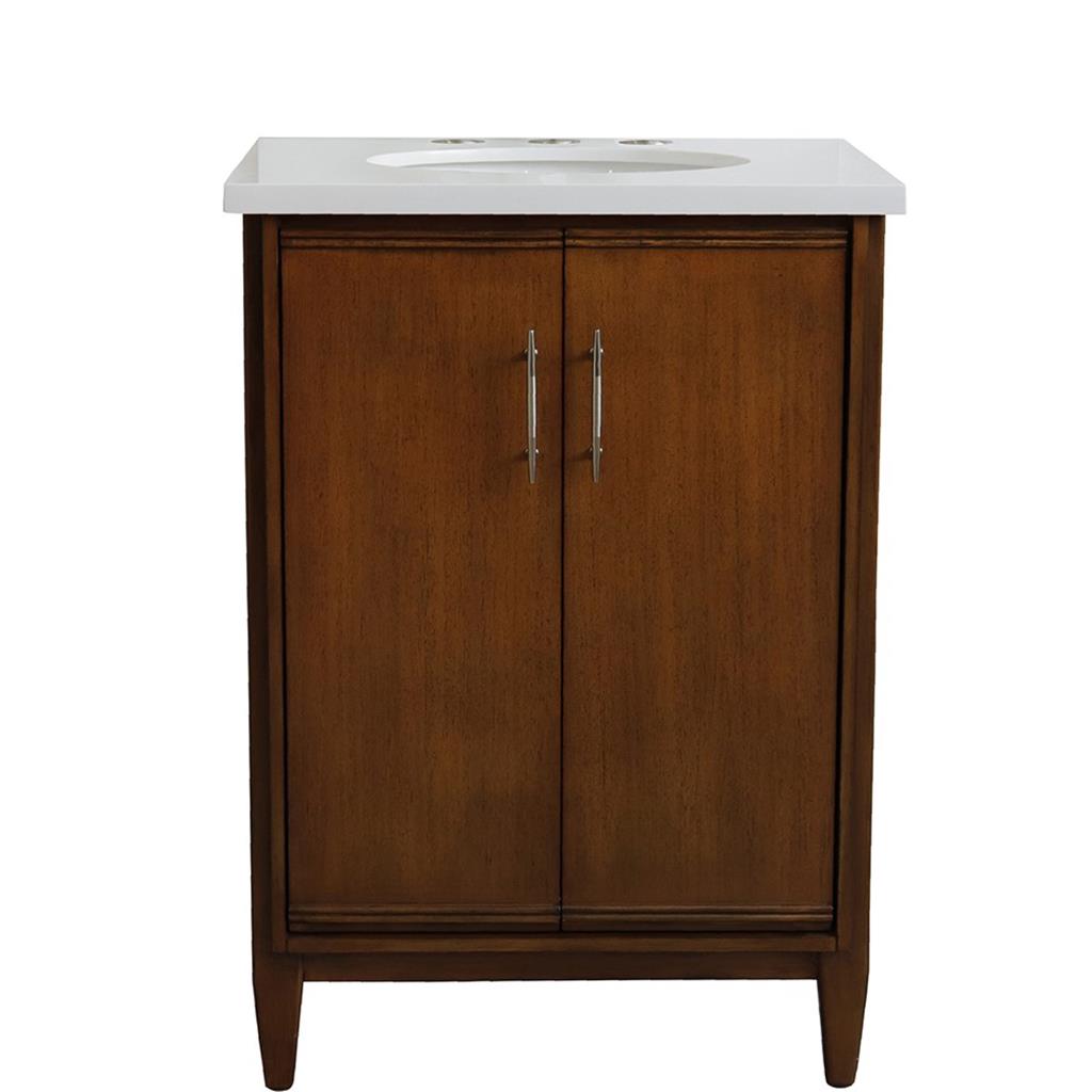 Bellaterra MCM 25" Single Vanity, Walnut, White Quartz Top/Oval Sink