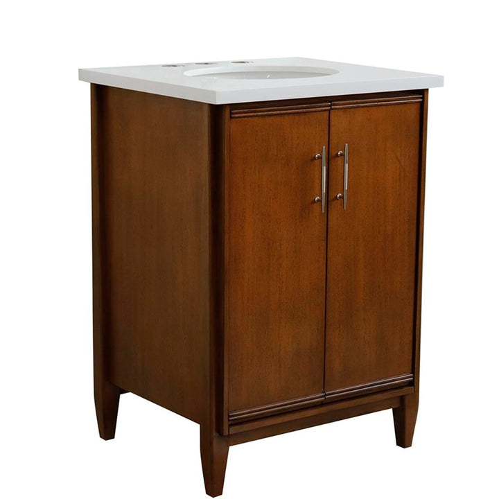 Bellaterra MCM 25" Single Vanity, Walnut, White Quartz Top/Oval Sink