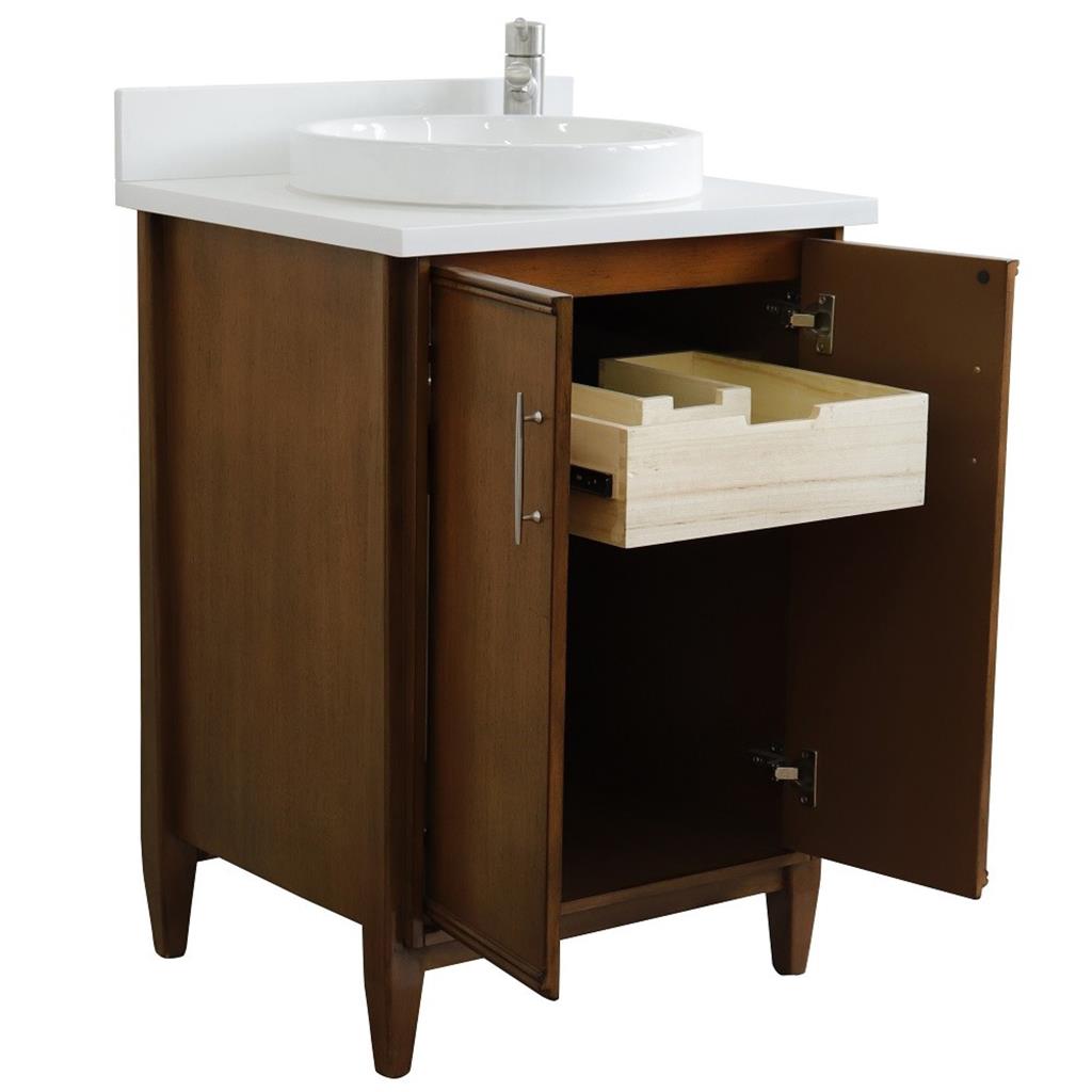 Bellaterra MCM 25" Single Vanity, Walnut, White Quartz Top/Round Sink