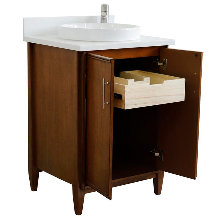 Bellaterra MCM 25" Single Vanity, Walnut, White Quartz Top/Round Sink