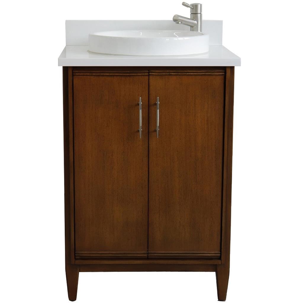 Bellaterra MCM 25" Single Vanity, Walnut, White Quartz Top/Round Sink