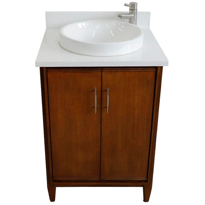 Bellaterra MCM 25" Single Vanity, Walnut, White Quartz Top/Round Sink