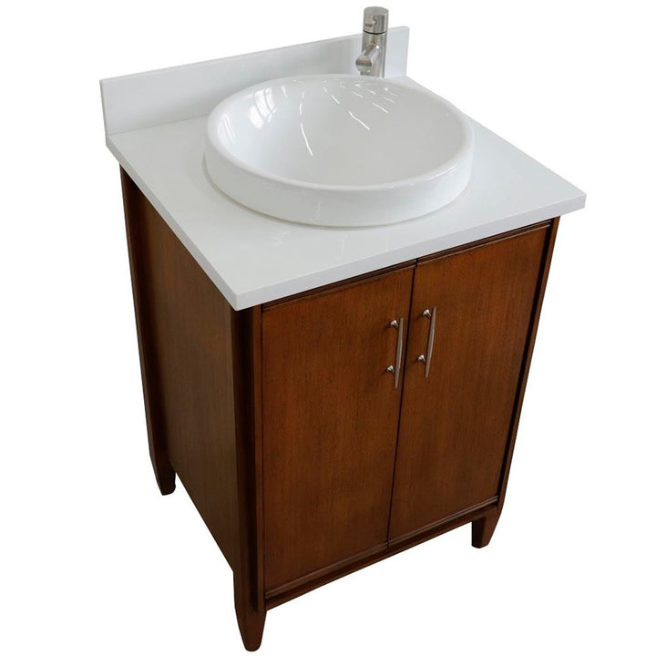 Bellaterra MCM 25" Single Vanity, Walnut, White Quartz Top/Round Sink