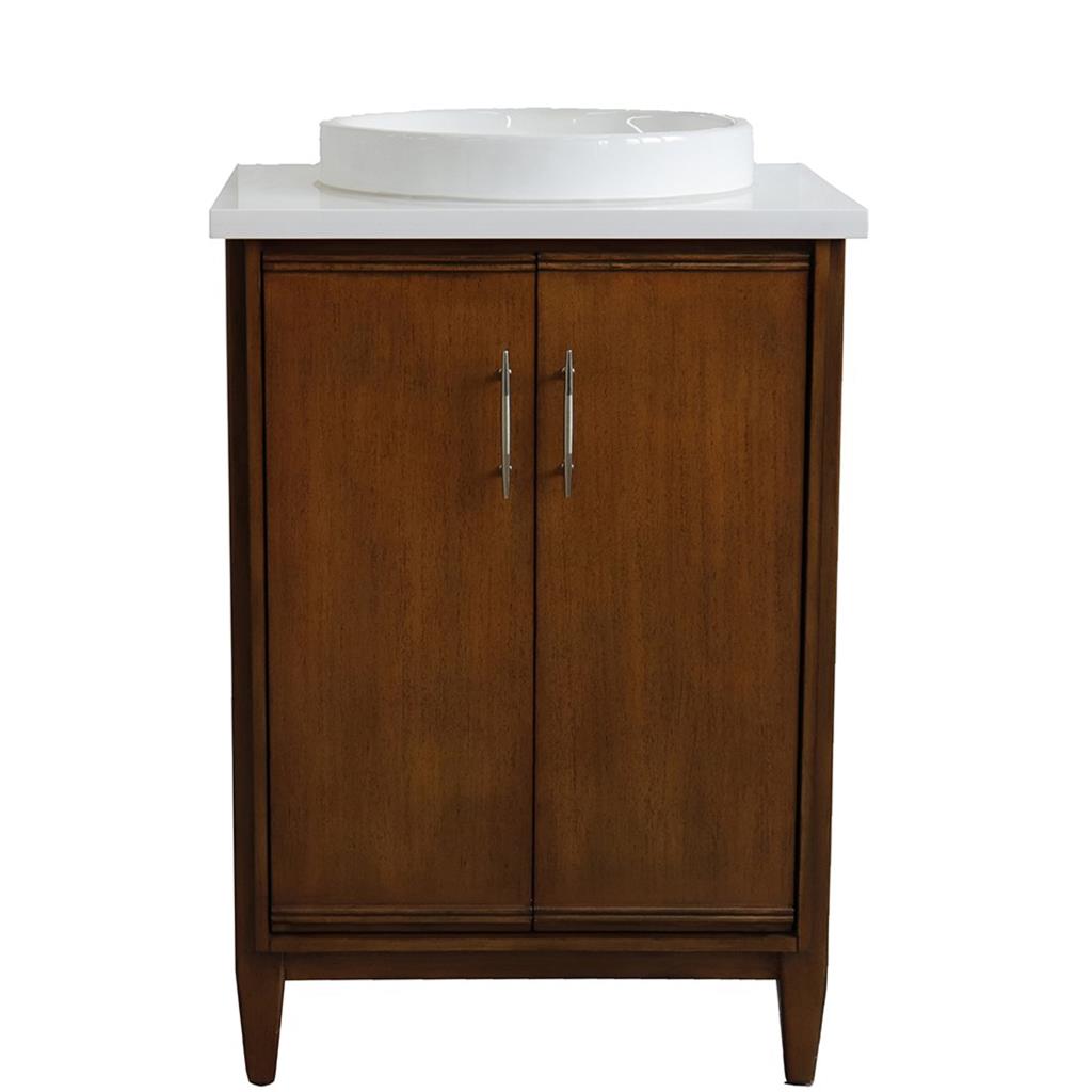 Bellaterra MCM 25" Single Vanity, Walnut, White Quartz Top/Round Sink