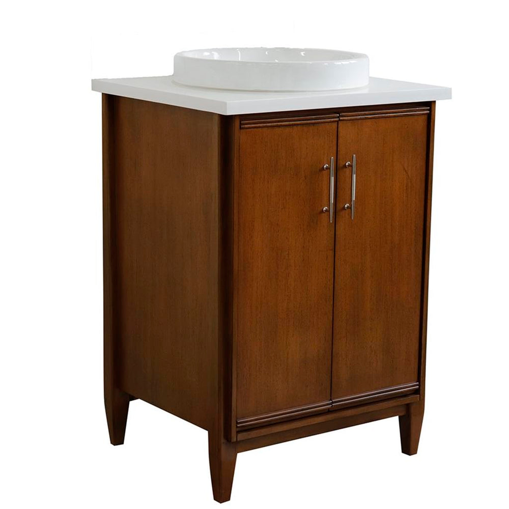 Bellaterra MCM 25" Single Vanity, Walnut, White Quartz Top/Round Sink