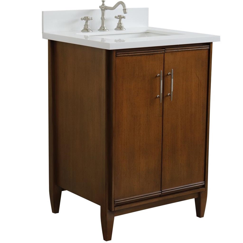 Bellaterra MCM 25" Single Vanity, Walnut, White Quartz Top/Rectangle Sink