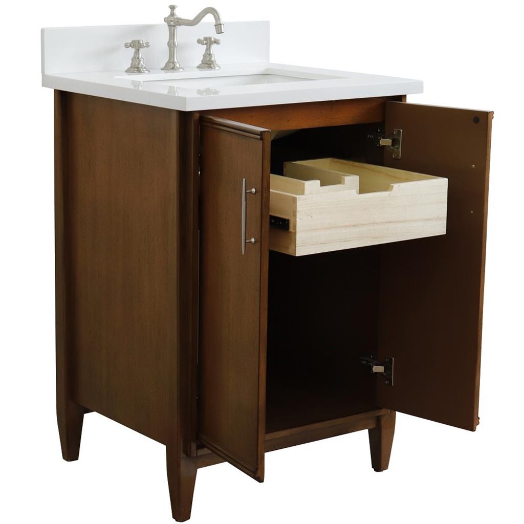 Bellaterra MCM 25" Single Vanity, Walnut, White Quartz Top/Rectangle Sink