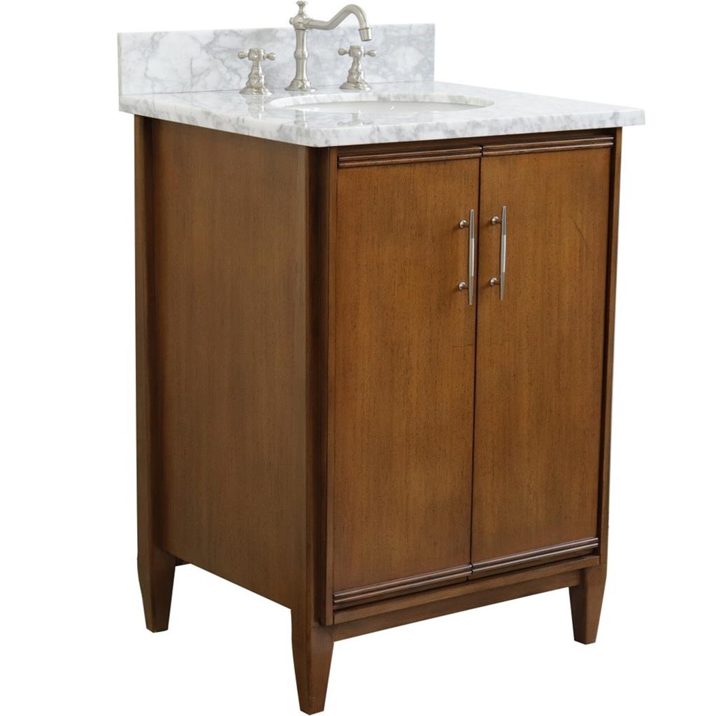 Bellaterra MCM 25" Single Vanity, Walnut, White Carrara Marble Top/Oval Sink