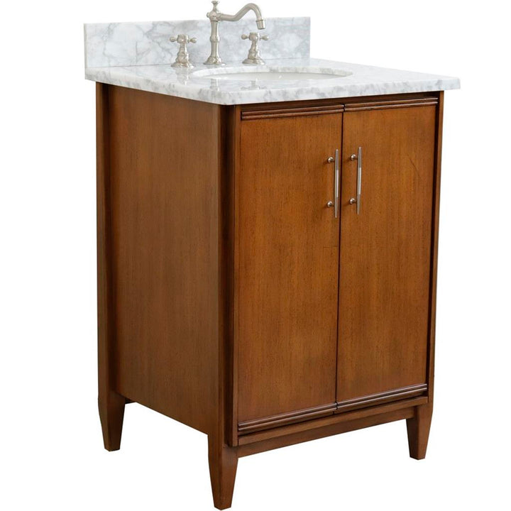 Bellaterra MCM 25" Single Vanity, Walnut, White Carrara Marble Top/Oval Sink