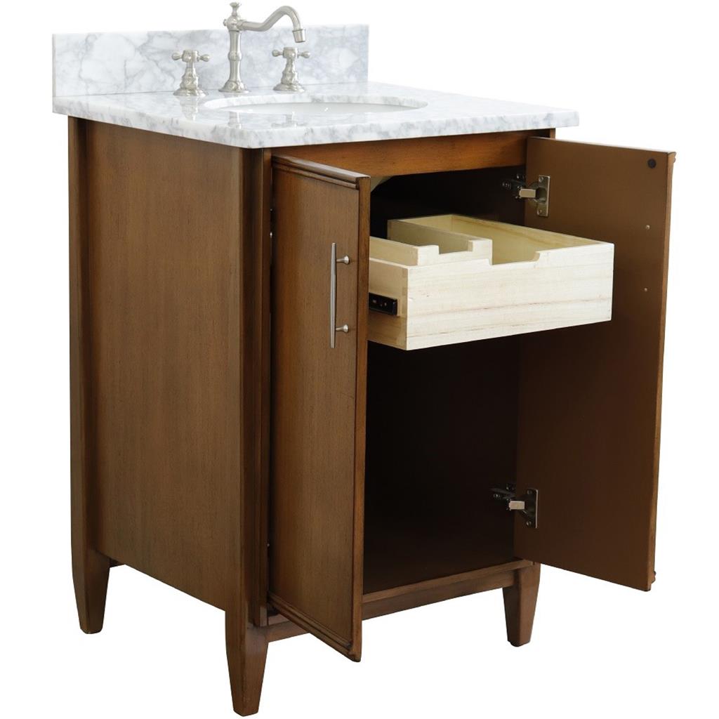 Bellaterra MCM 25" Single Vanity, Walnut, White Carrara Marble Top/Oval Sink