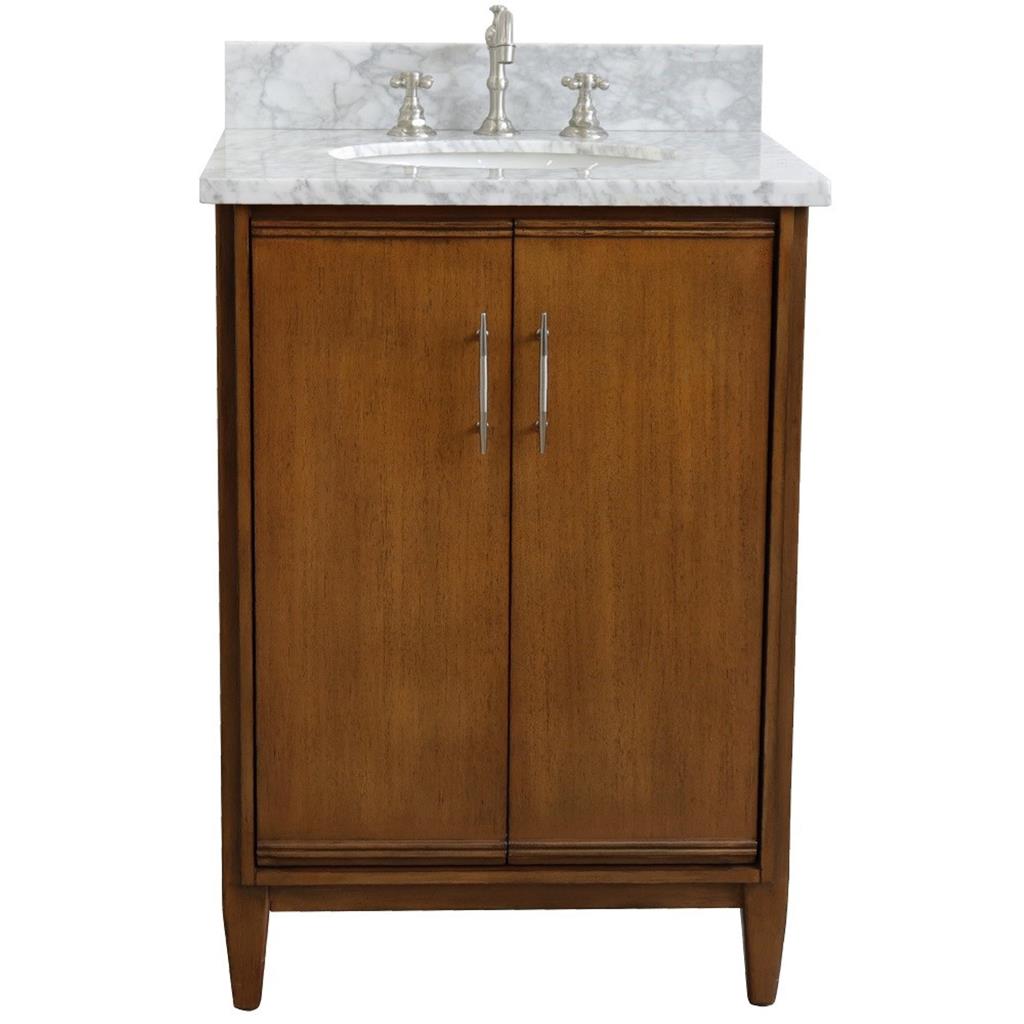 Bellaterra MCM 25" Single Vanity, Walnut, White Carrara Marble Top/Oval Sink