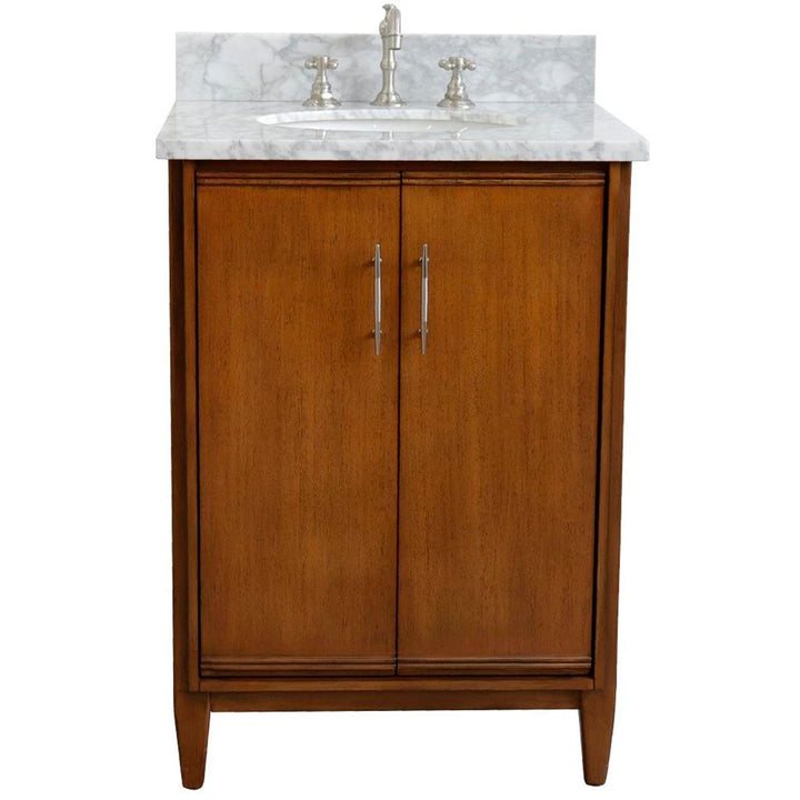 Bellaterra MCM 25" Single Vanity, Walnut, White Carrara Marble Top/Oval Sink