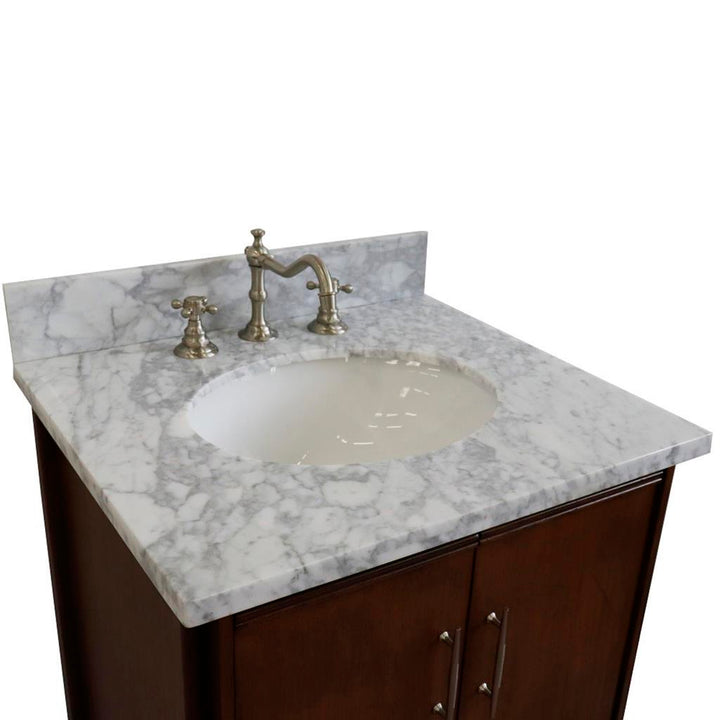 Bellaterra MCM 25" Single Vanity, Walnut, White Carrara Marble Top/Oval Sink