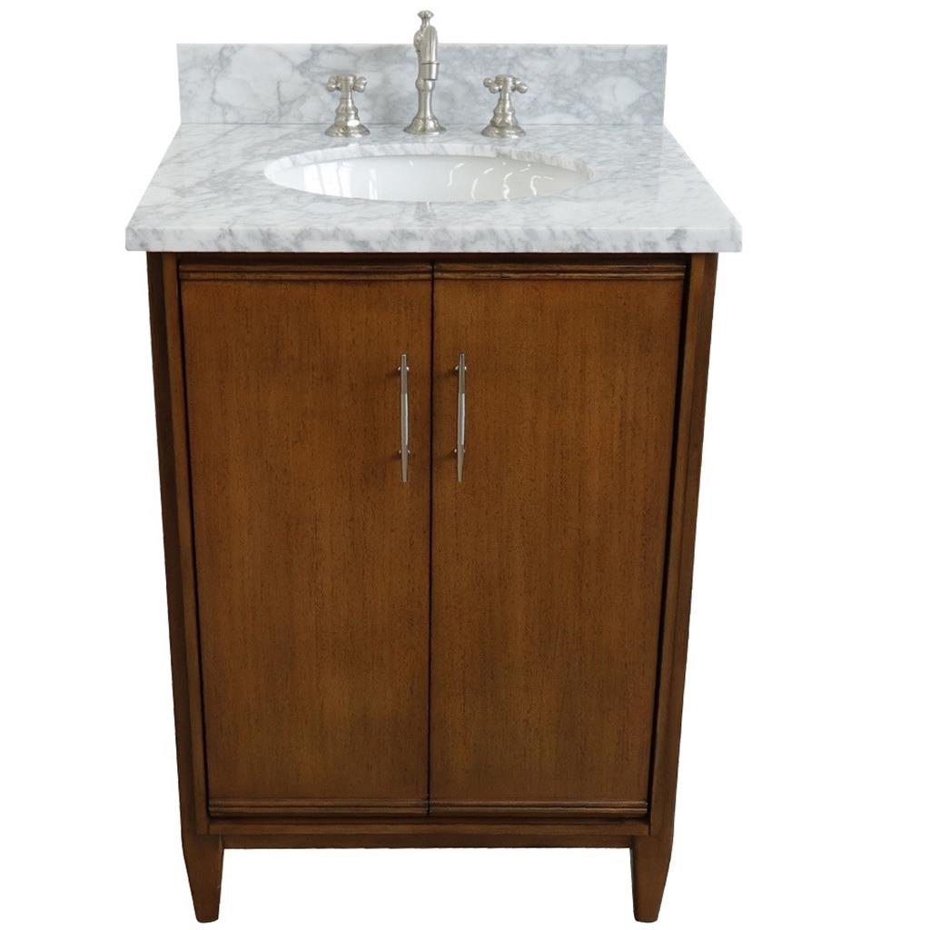 Bellaterra MCM 25" Single Vanity, Walnut, White Carrara Marble Top/Oval Sink