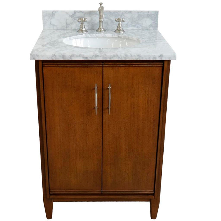 Bellaterra MCM 25" Single Vanity, Walnut, White Carrara Marble Top/Oval Sink