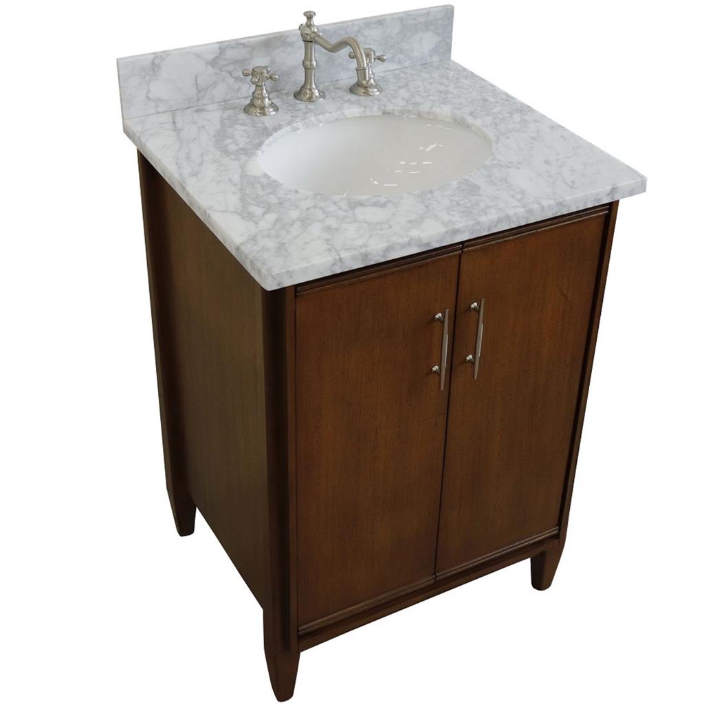 Bellaterra MCM 25" Single Vanity, Walnut, White Carrara Marble Top/Oval Sink