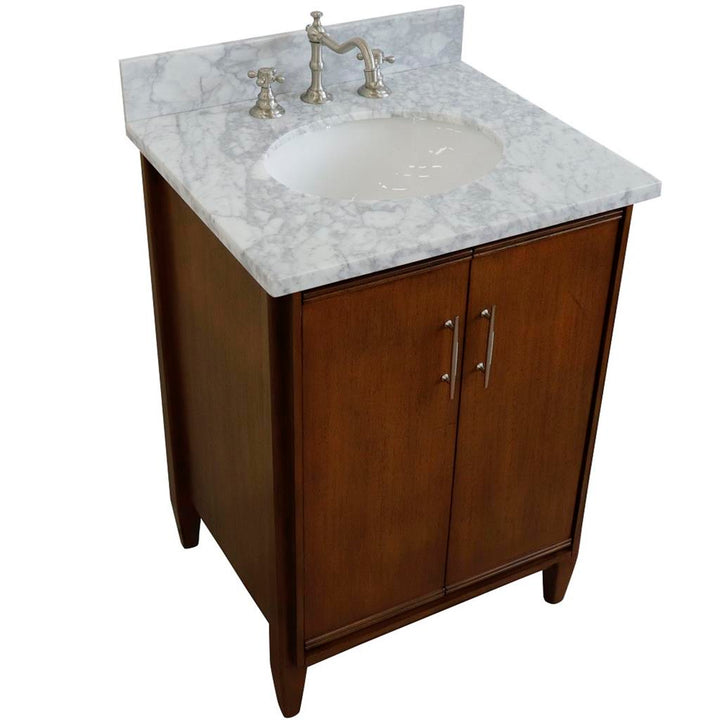 Bellaterra MCM 25" Single Vanity, Walnut, White Carrara Marble Top/Oval Sink