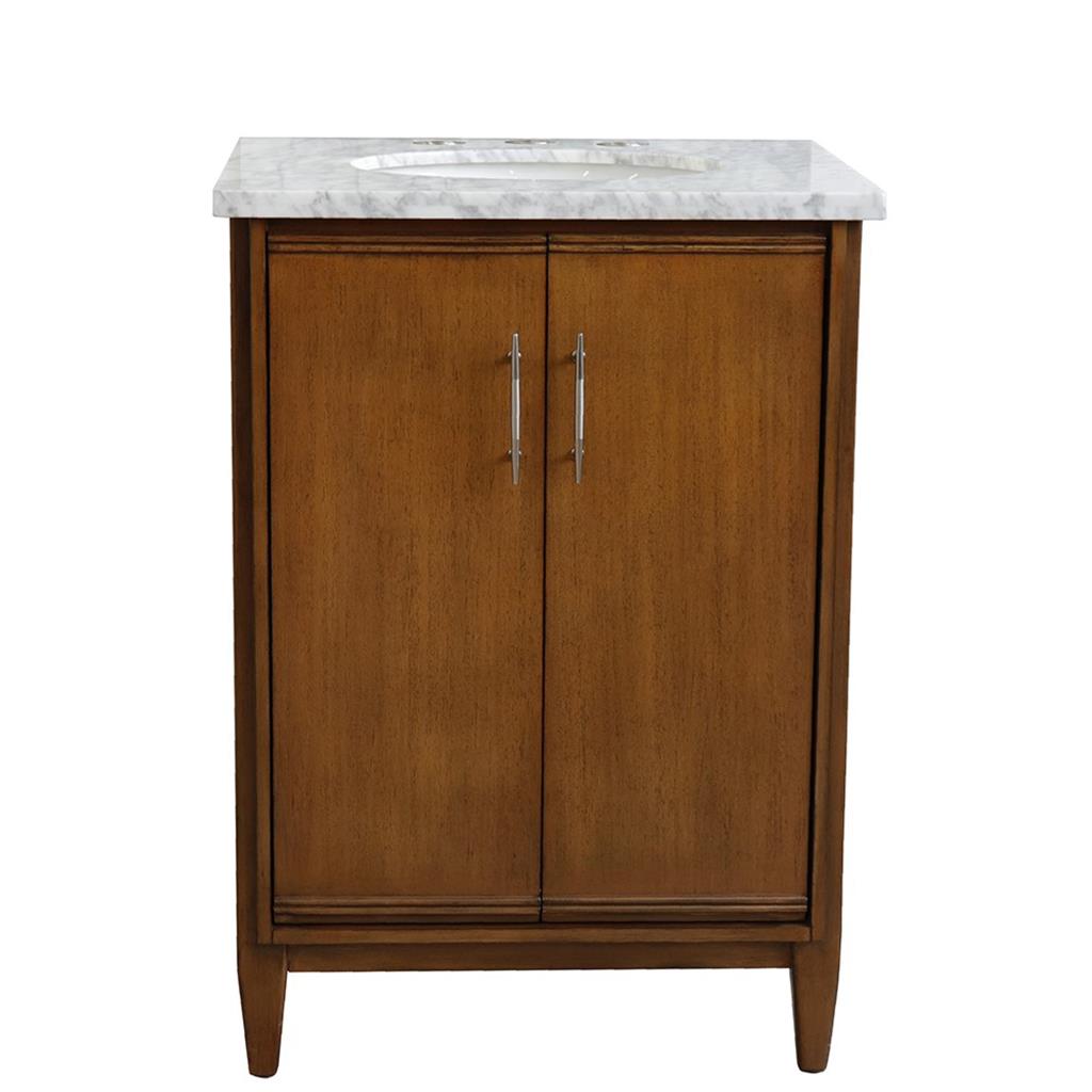 Bellaterra MCM 25" Single Vanity, Walnut, White Carrara Marble Top/Oval Sink