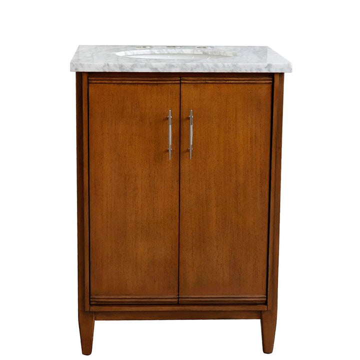 Bellaterra MCM 25" Single Vanity, Walnut, White Carrara Marble Top/Oval Sink