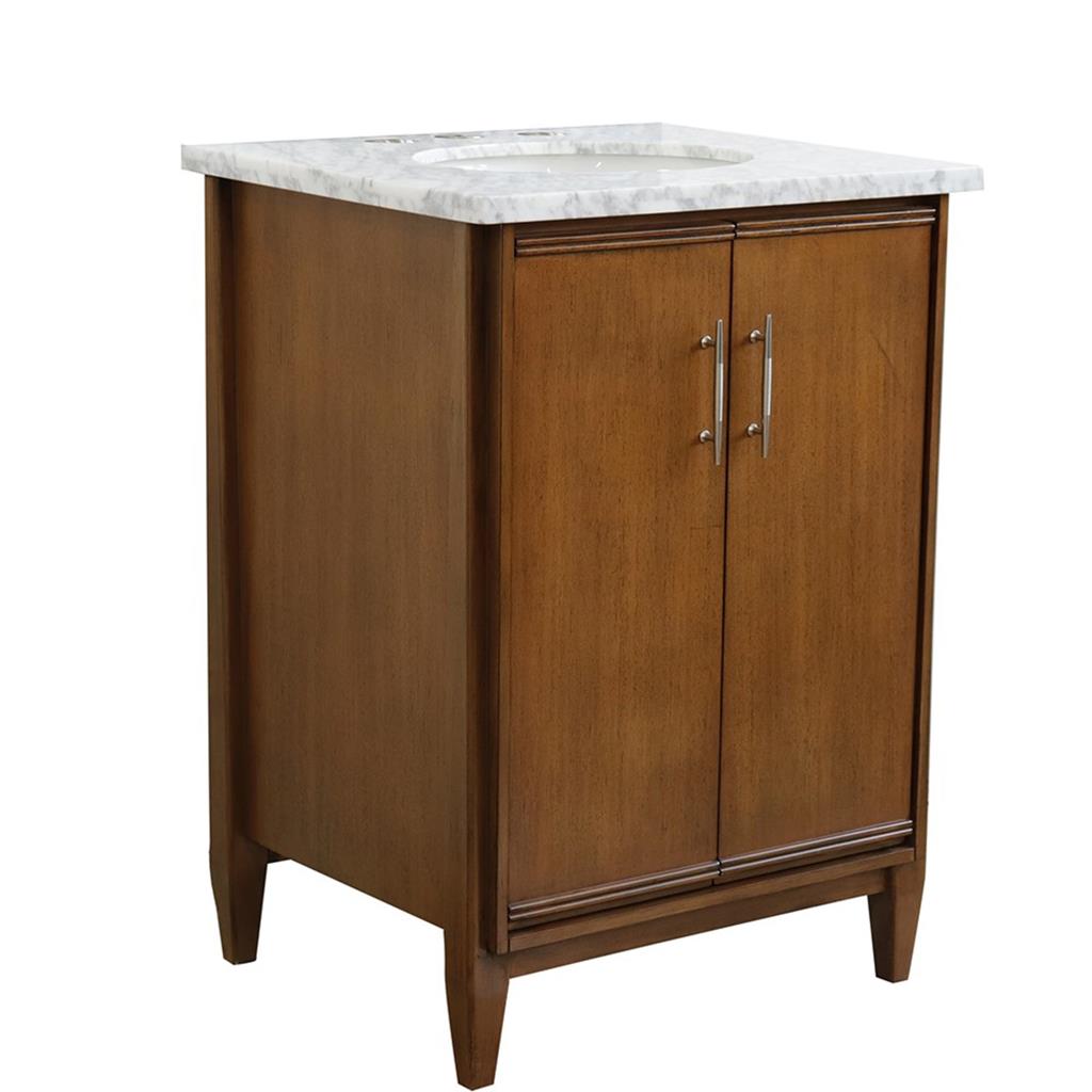 Bellaterra MCM 25" Single Vanity, Walnut, White Carrara Marble Top/Oval Sink